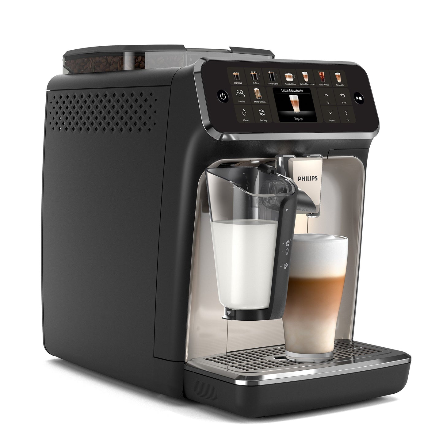 Kaffeevollautomat EP5547/90 5500 Series, 20 Kaffeespezialitäten (heiß oder eisgekühlt), LatteGo-Milchsystem, SilentBrew Technologie, Schwarz Verchromt 15 Bar