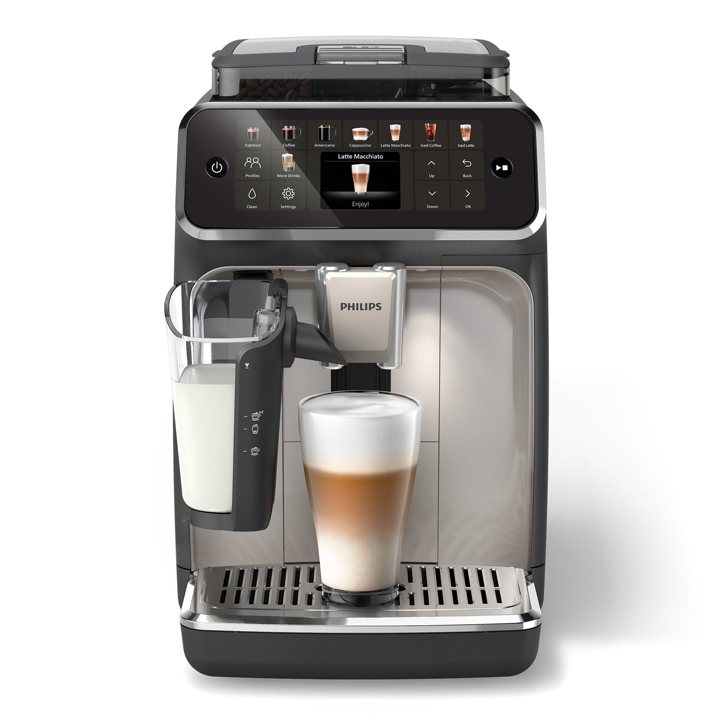 Kaffeevollautomat EP5547/90 5500 Series, 20 Kaffeespezialitäten (heiß oder eisgekühlt), LatteGo-Milchsystem, SilentBrew Technologie, Schwarz Verchromt 15 Bar