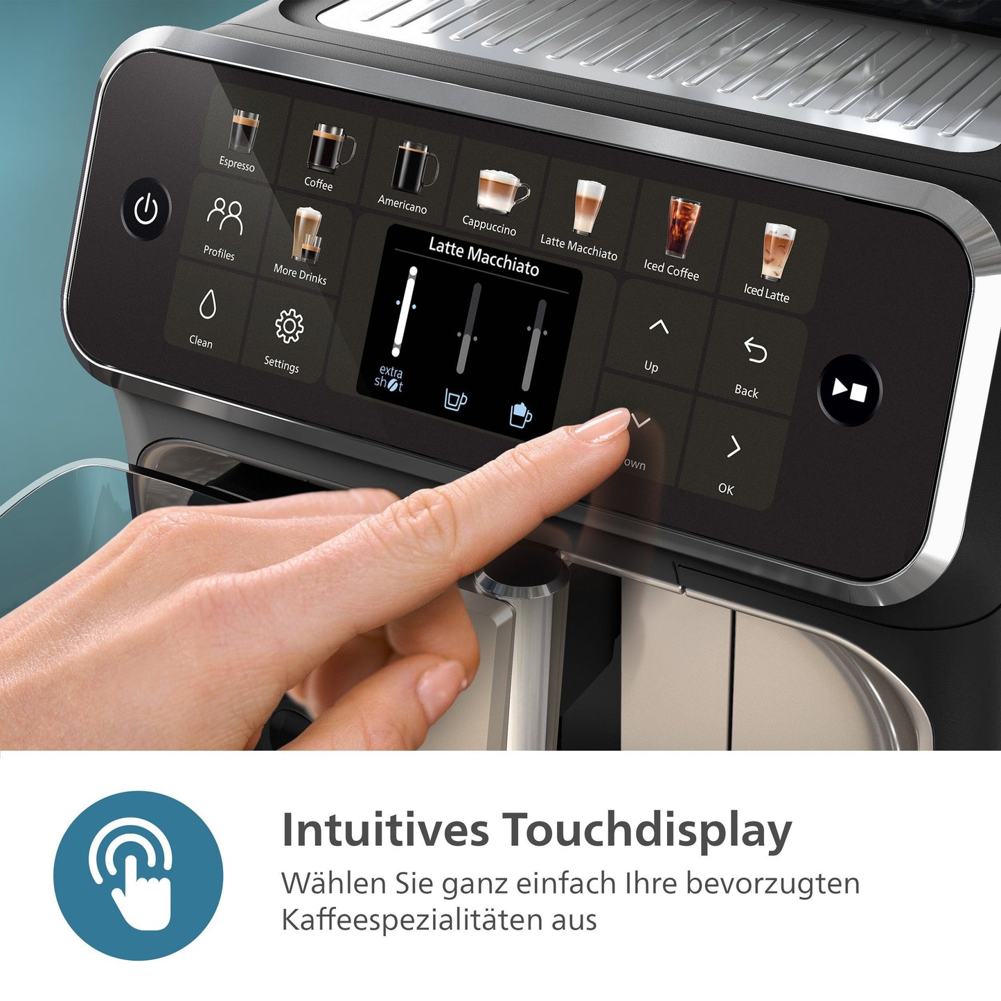 Kaffeevollautomat EP5547/90 5500 Series, 20 Kaffeespezialitäten (heiß oder eisgekühlt), LatteGo-Milchsystem, SilentBrew Technologie, Schwarz Verchromt 15 Bar